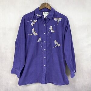 The Quacker Factory Dragonfly Corduroy Shirt Medium Embroidered Cottage Artsy